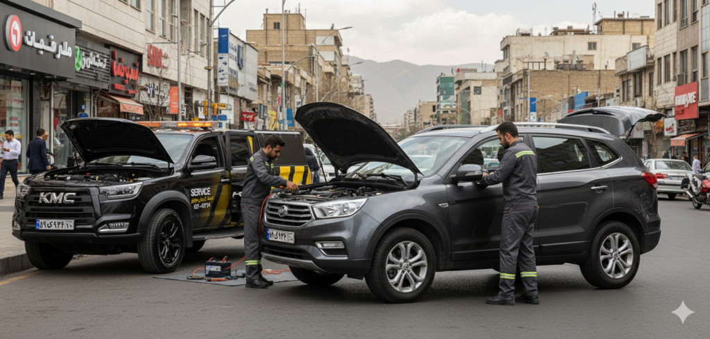 تکنسین در حال تعویض باتری خودرو کرمان موتور در محل