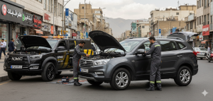 تکنسین در حال تعویض باتری خودرو کرمان موتور در محل