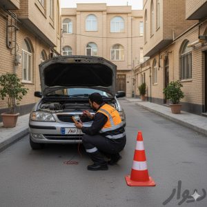 تعویض باتری خودرو کرمان موتور در کوچه مسکونی مشهد توسط تکنسین