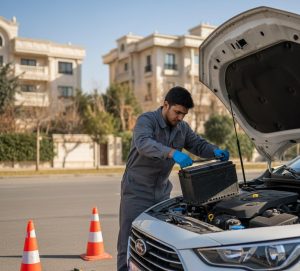 تعویض باتری KMC J7 در نیاوران توسط تکنسین با جلیقه شبرنگ