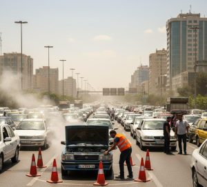 اورهیت جک J4 در ترافیک تهران؛ بخار از کاپوت و مخروط ایمنی
