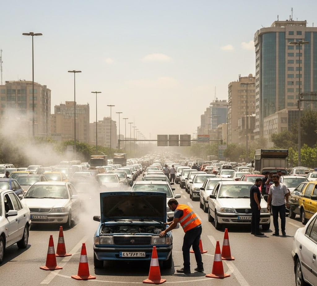 اورهیت جک J4 در ترافیک تهران؛ بخار از کاپوت و مخروط ایمنی