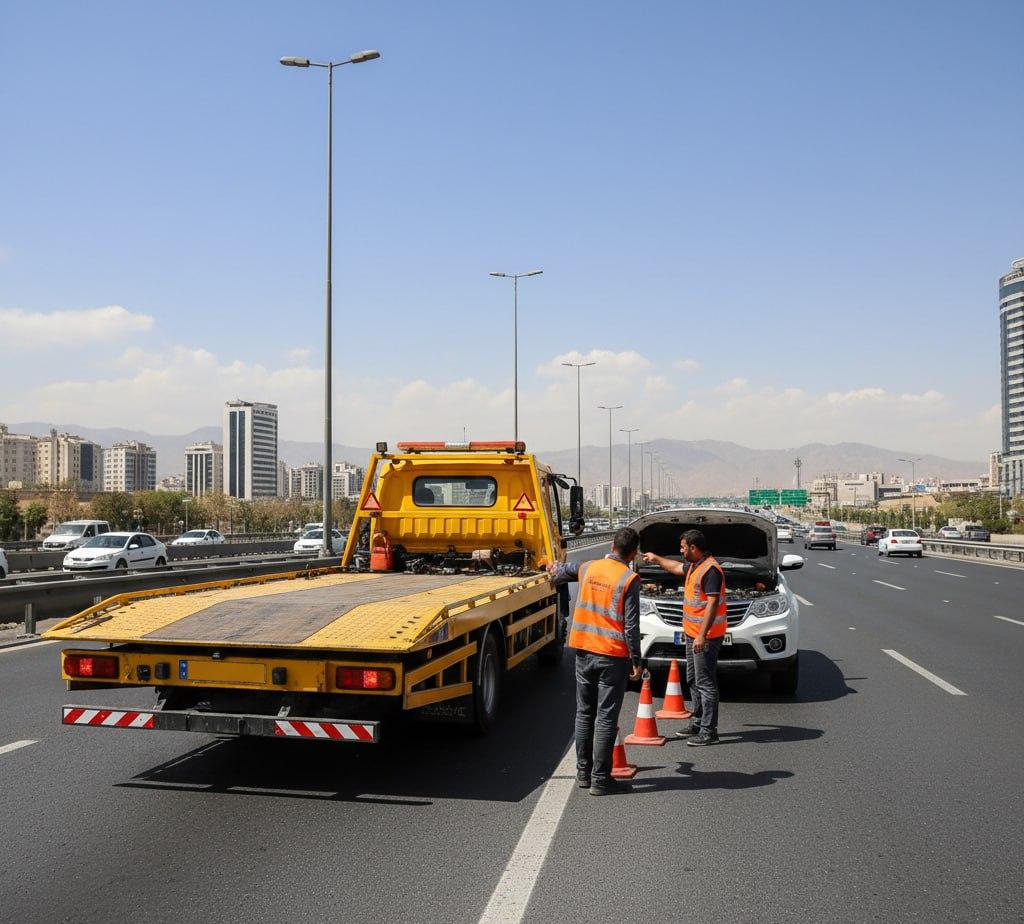 امداد کرمان موتور در کنار بزرگراه شهری؛ تیم با جلیقه و مخروط ایمنی