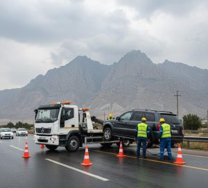 امداد کرمان موتور در کرج با پس‌زمینه البرز و مخروط‌های ایمنی