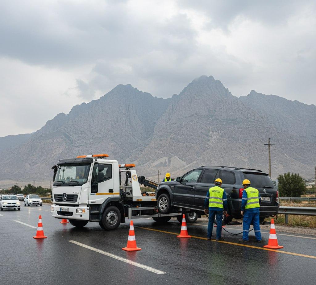 امداد کرمان موتور در کرج با پس‌زمینه البرز و مخروط‌های ایمنی