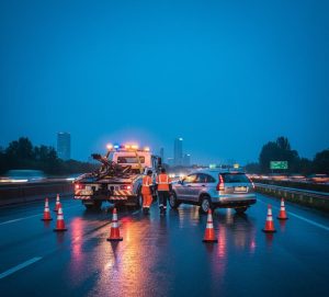 امداد نزدیک من در حاشیه کمربندی تهران در شب با مخروط ایمنی