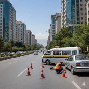 خودروی امدادی کرمان موتور در سعادت‌آباد با مخروط‌های ایمنی