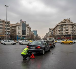 امداد خودروی کرمان موتور در میدان ونک با تجهیزات ایمنی