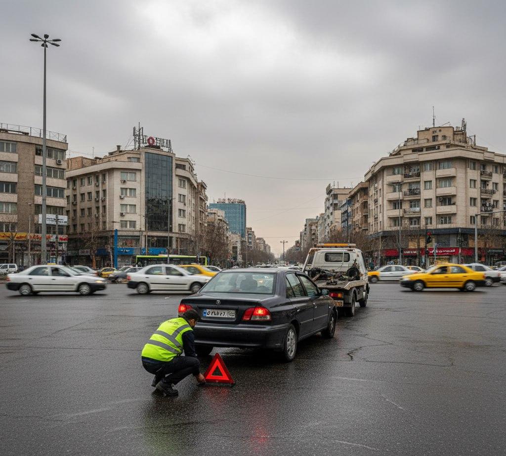 امداد خودروی کرمان موتور در میدان ونک با تجهیزات ایمنی