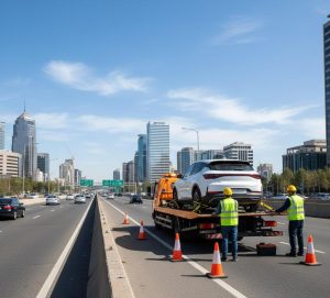 یدک‌کش تخت‌رو برای امداد خودرو کرمان موتور در بزرگراه شهری