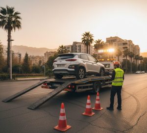 یدک‌کش تخت‌رو در شهرک غرب در حال بارگیری خودروی کرمان موتور