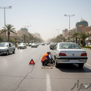 تعمیر پنچری خودرو کرمان موتور در خیابان تهران با مثلث هشدار