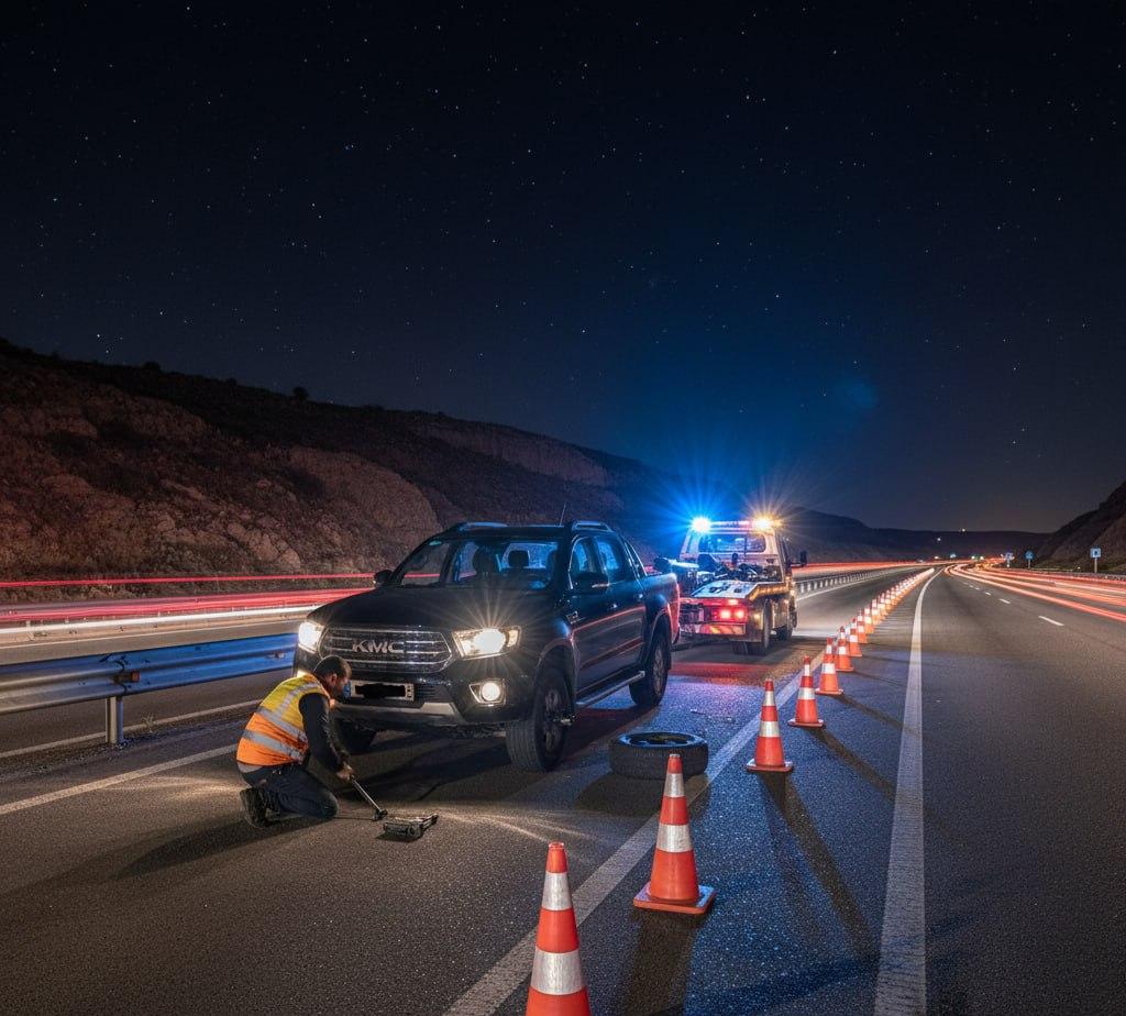 پنچرگیری شبانه KMC T8 در کرج با مخروط و جلیقه شبرنگ