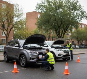 دیاگ در محل جک S3/S5 با تبلت OBD و مخروط ایمنی در روز ابری