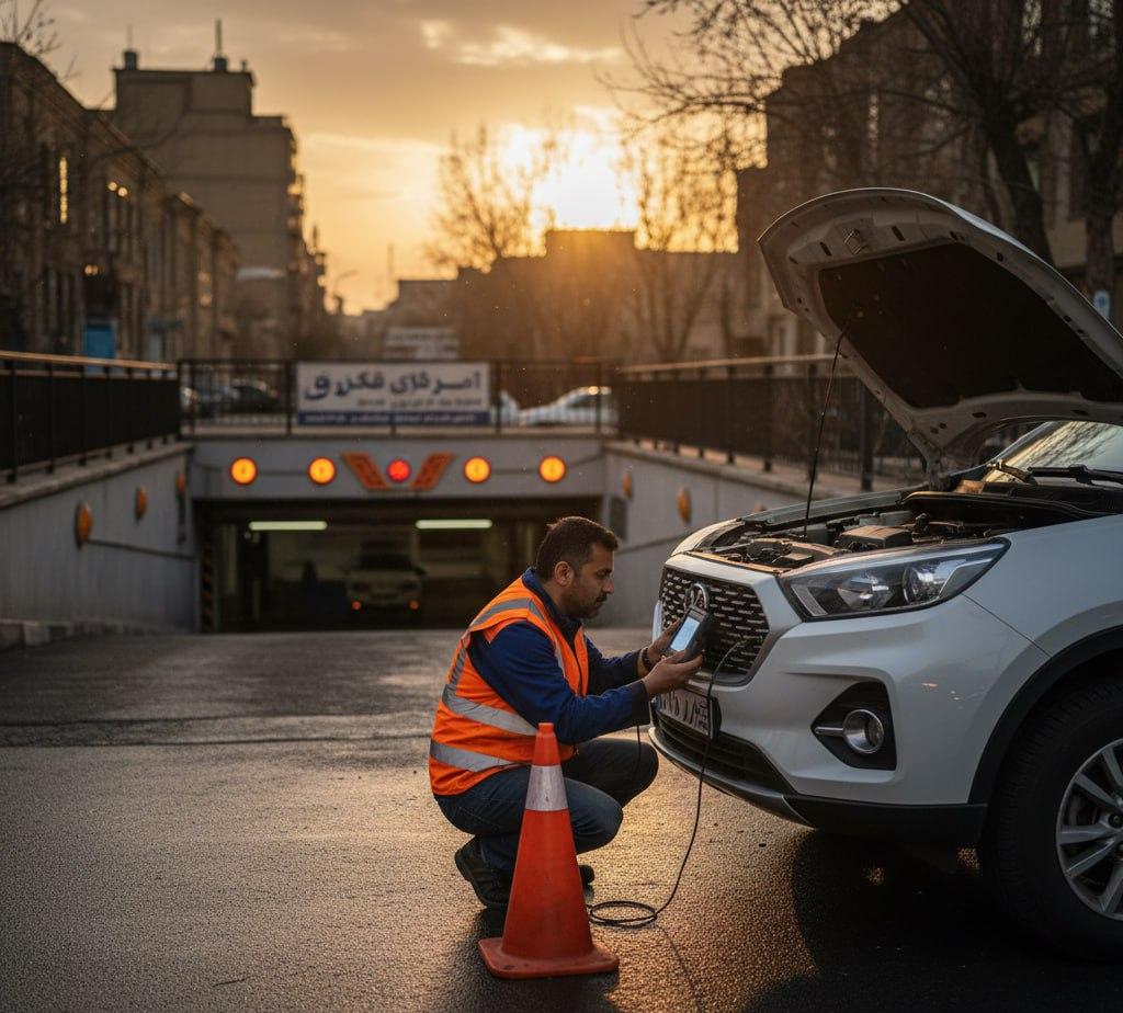 دیاگ سیار KMC J7 در مرکز تهران با مخروط ایمنی و جلیقه