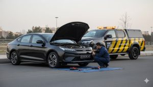 امداد KMC J7 در حاشیه بزرگراه با ایمن‌سازی صحنه و علائم هشدار