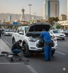 امداد KMC T8 در حاشیه بزرگراه با ایمن‌سازی صحنه و علائم هشدار