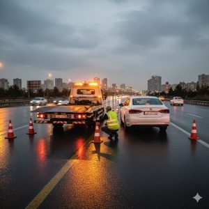 یدک‌کش تخت‌رو کرمان موتور در کمربندی تهران در شب بارانی