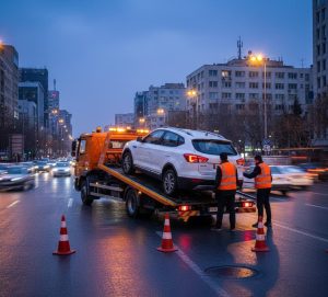 یدک‌کش تخت‌رو با چراغ هشدار روشن در صادقیه برای جک S5
