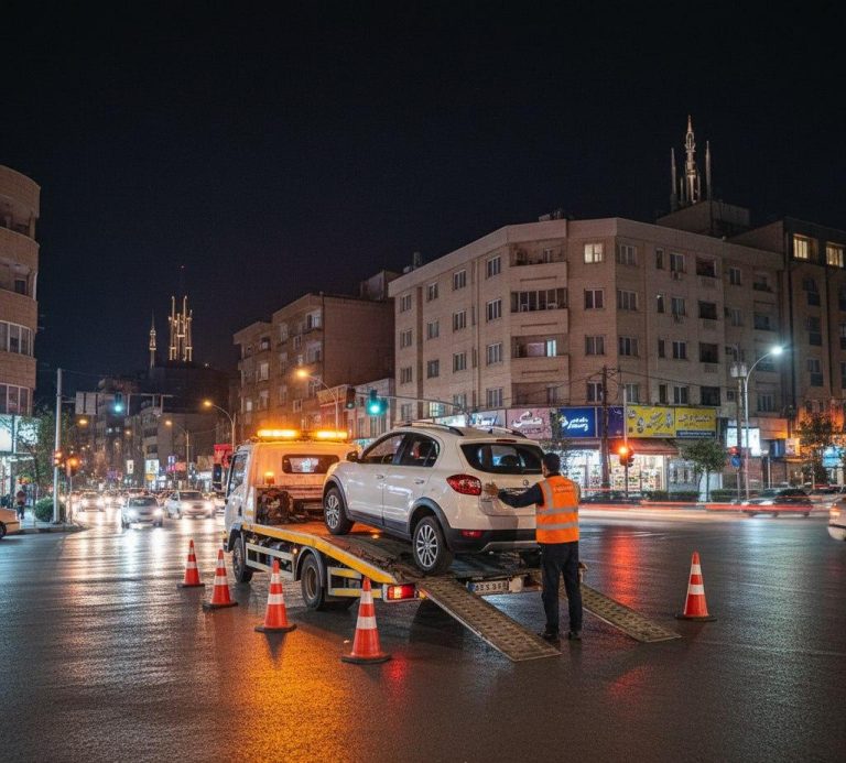 یدک‌کش کرمان موتور پونک در شب با خودروی تخت‌رو