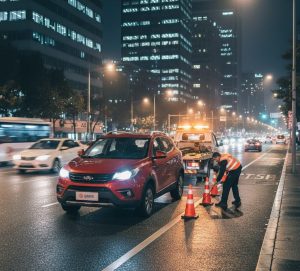 امداد خودرو جک S3 متوقف شده در خیابان شهری شلوغ