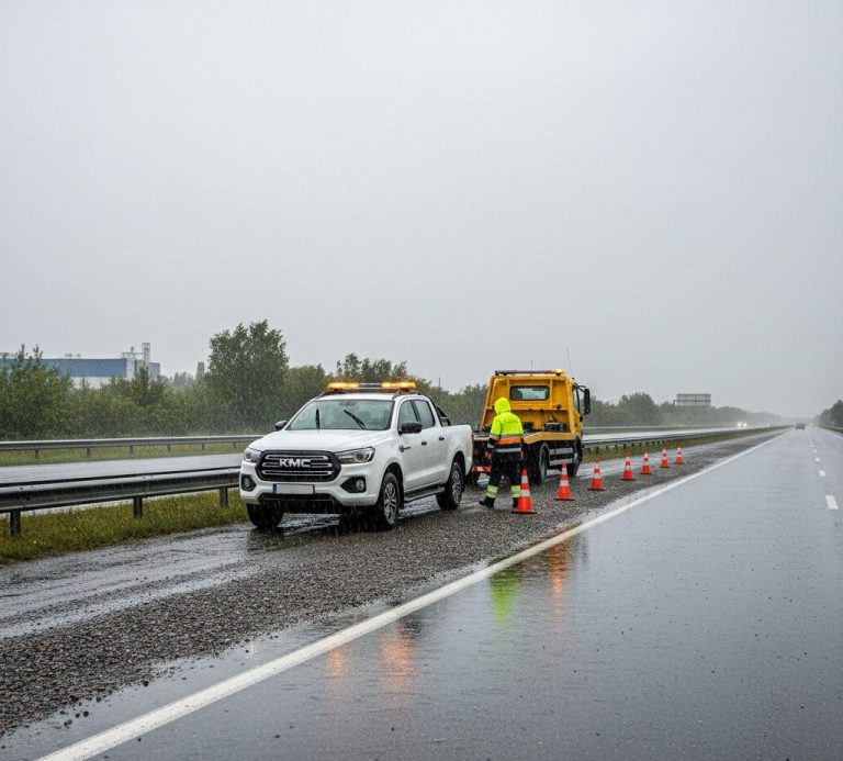 امداد خودرو KMC T8 متوقف شده در حاشیه جاده بین‌شهری بارانی