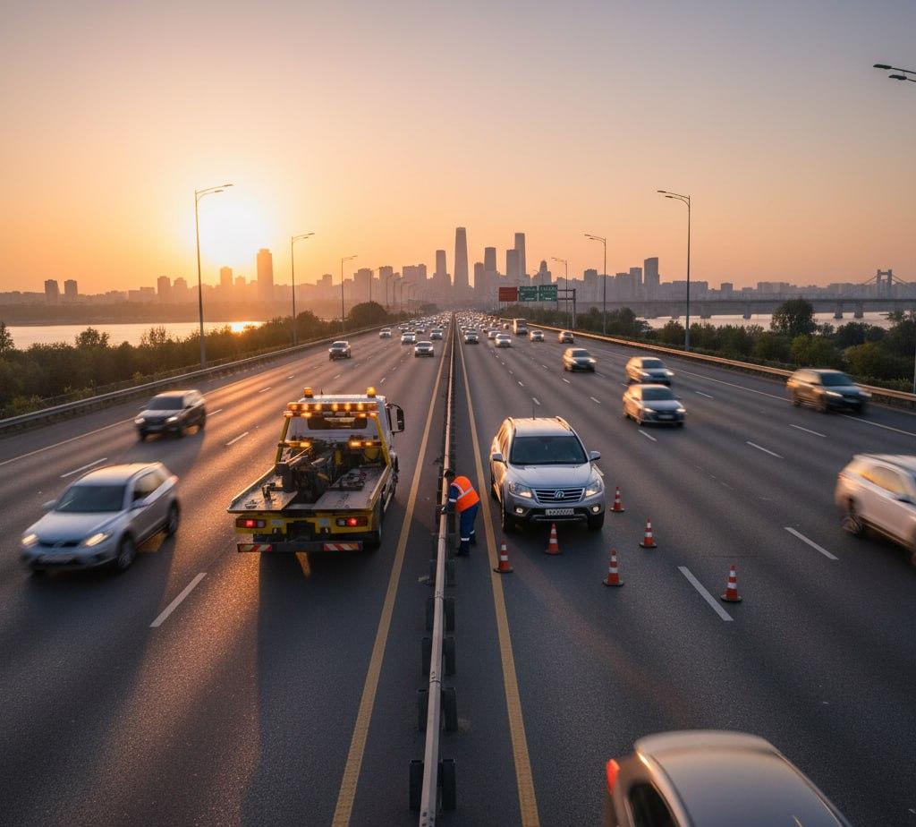 امداد خودرو لیفان X60 متوقف شده در حاشیه بزرگراه شهری شلوغ