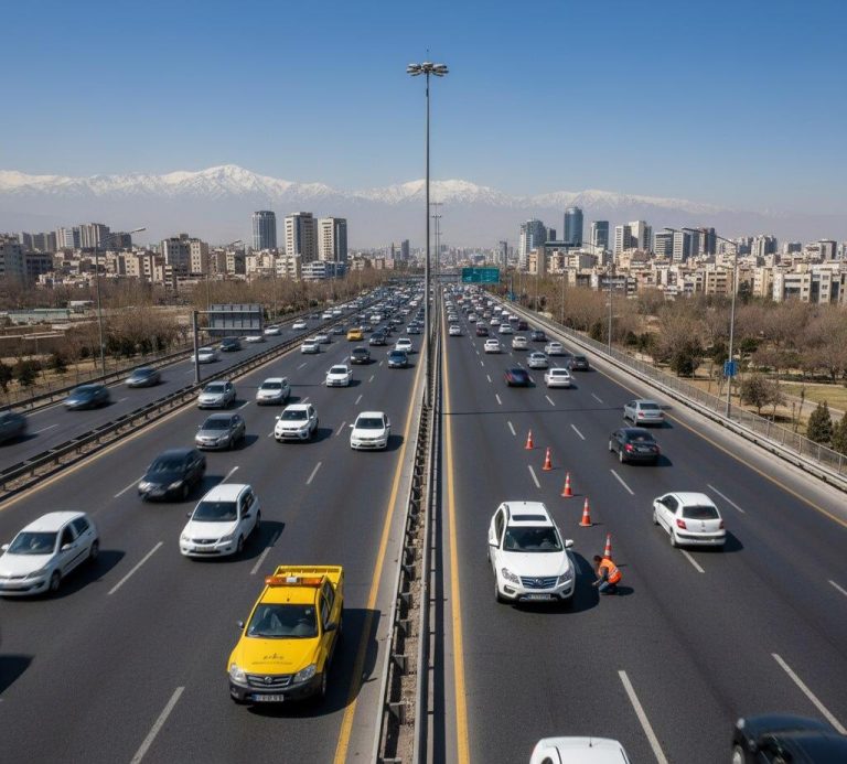 امداد خودرو لیفان X60 در بزرگراه شلوغ تهران با نما از شهر