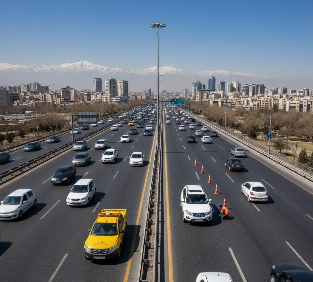 امداد خودرو لیفان X60 در بزرگراه شلوغ تهران با نما از شهر